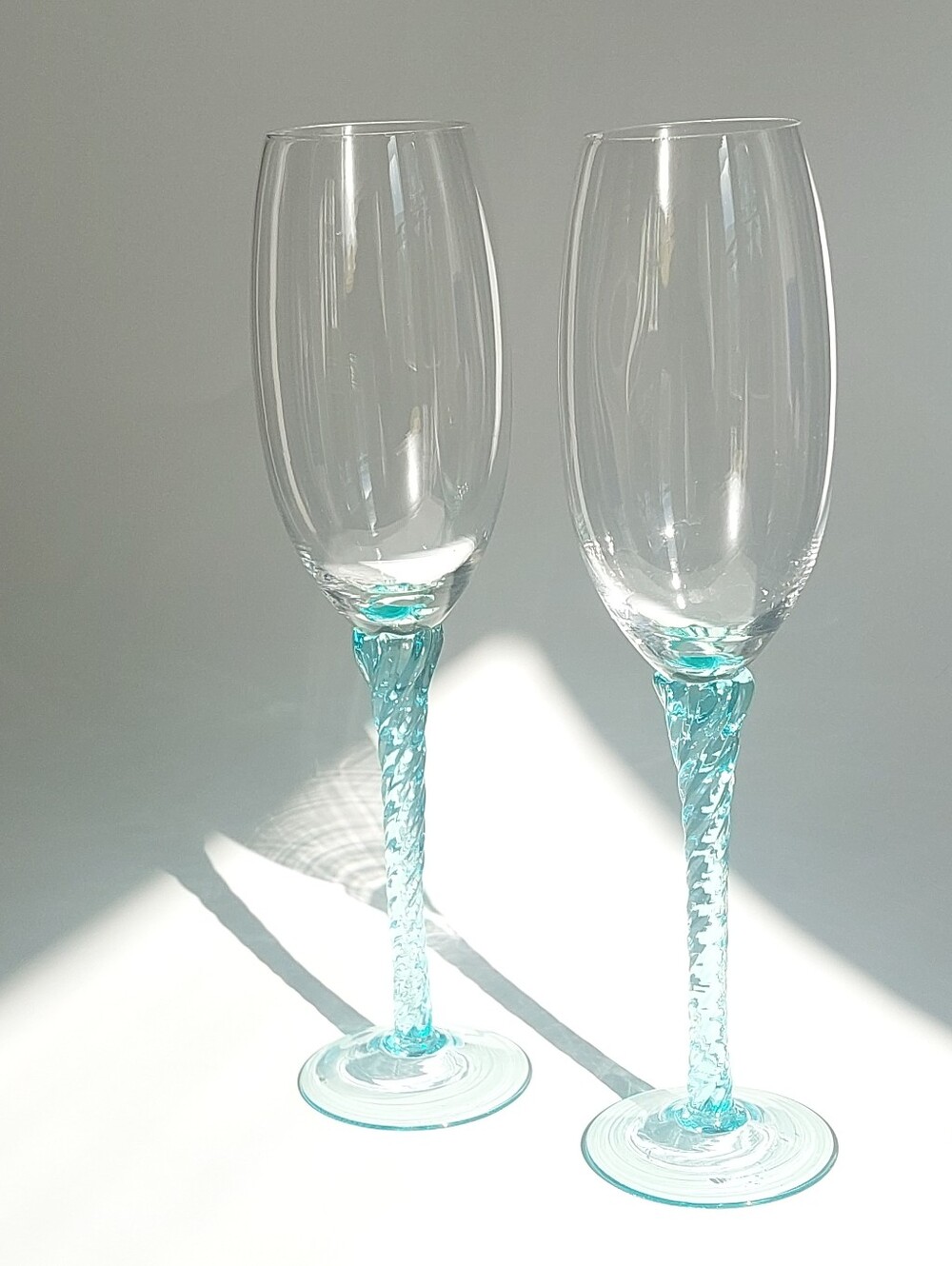 Hand Blown Glass Champagne Flutes Pair Twisted Aqua Teal Stem Artisan Glass